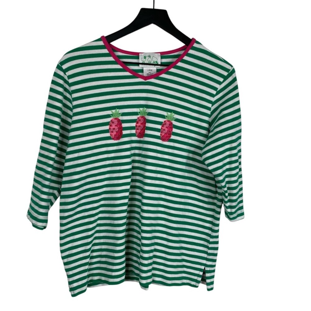 Quacker Factory Top Women's Multicolor Sz L Pineapple Stripe Beaded 3/4 Sleeves